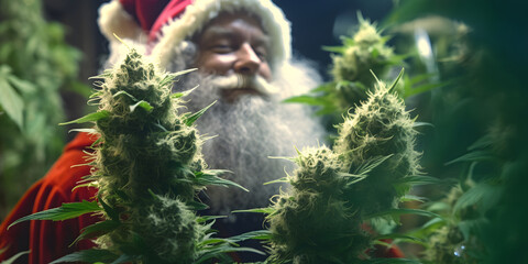 Santa Claus harvesting marijuana at Christmas - obrazy, fototapety, plakaty