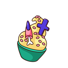 Groovy Halloween cupcake vector illustration. Cartoon isolated retro sweet food sticker with treat for Halloween party, cake with cream cap and candy decoration, cross and spooky finger with nail