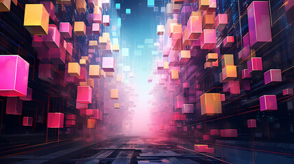A large abstract painting with blocks, in the style of futuristic digital art, perspective rendering, pink and yellow, urban environment, luminous 3d objects, cubo-futurism, dazzling cityscapes - obrazy, fototapety, plakaty