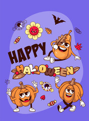 Fototapeta premium Happy Halloween banner design vector illustration. Cartoon Halloween party invitation with pumpkin psychedelic groovy characters, flying bats and funny candy with eyeball, spooky angry flowers