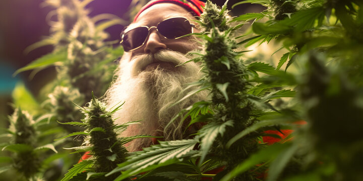 Santa Claus harvesting marijuana at Christmas