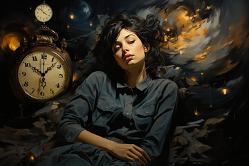 Obraz na płótnie Canvas Abstract concept of insomnia, woman against the background of a livating clock. AI generated.