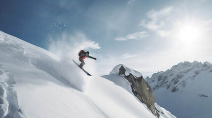 Skiers athletes compete going down from ski mountain. AI generated.