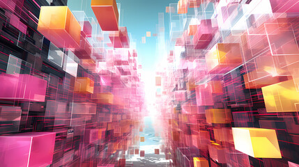 A large abstract painting with blocks, in the style of futuristic digital art, perspective rendering, pink and yellow, urban environment, luminous 3d objects, cubo-futurism, dazzling cityscapes