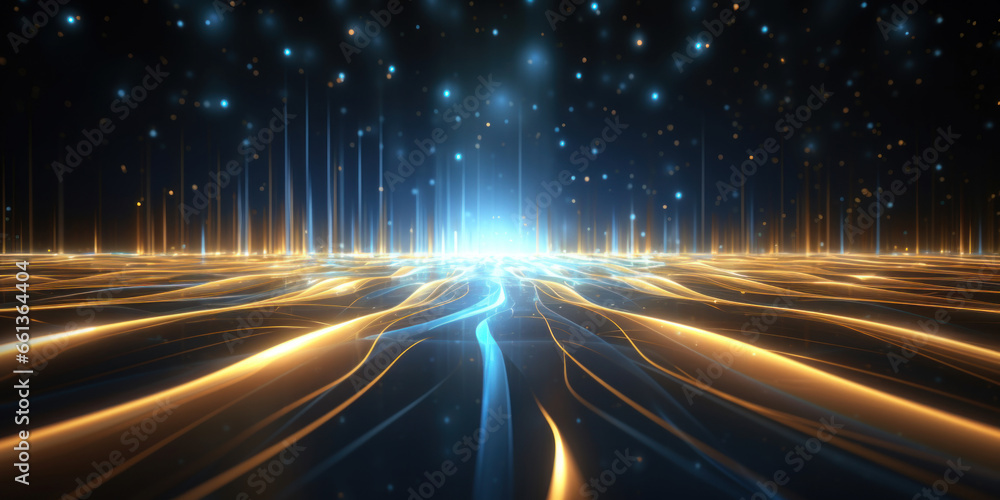Poster abstract background with gold and blue glowing neon moving high speed line and wave and bokeh lights