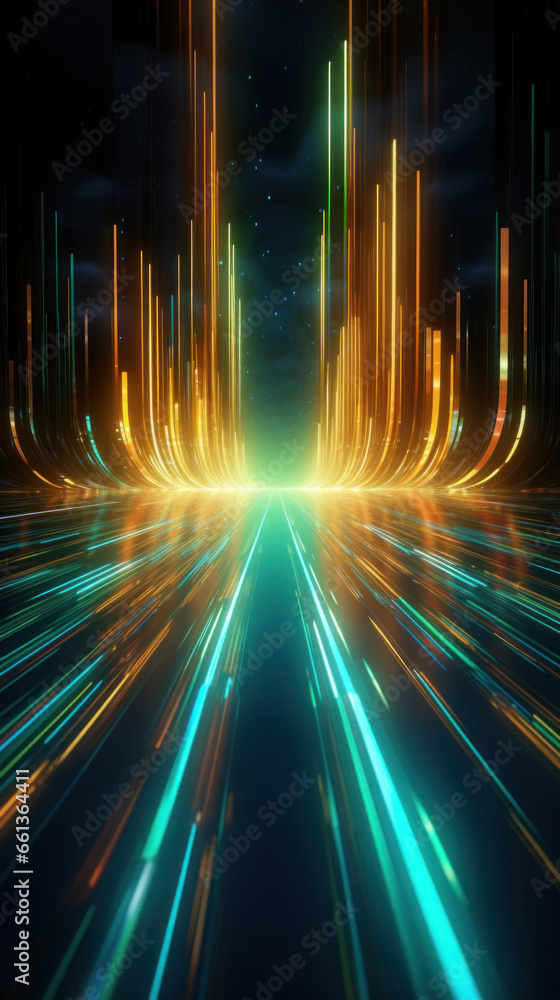Poster abstract background with gold, green, blue glowing neon moving high speed line and wave and bokeh li
