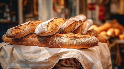 Close-up of baguettes at the street market