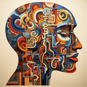 A picture of an abstract human head, divided into segments, each depicting a different aspect of the mind's terrain, with intricate patterns and colors creating a harmonious visual balance.