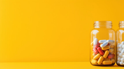 Multicolored tablets and capsules from a glass bottle on a yellow background - Powered by Adobe