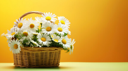 daisies in a basket on yellow background