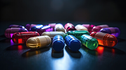 Colorful pills and capsules are scattered on the dark table. View from above