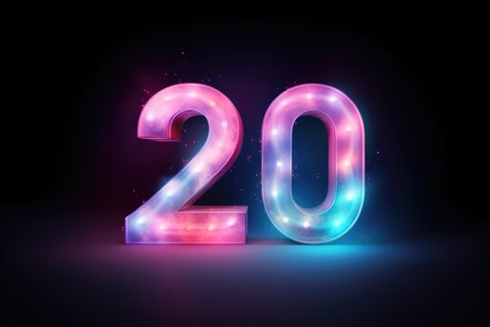Glittering neon 20, a festive sign for holiday parties and New Year events.