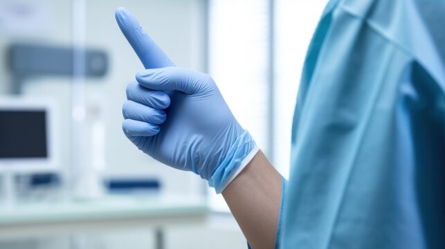 doctors hand in a medical glove with pointing finger