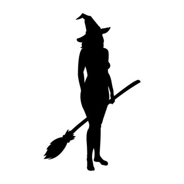 Silueta de bruja desnuda sexy de pie con sombrero y escoba para su uso en invitaciones y tarjetas de Halloween