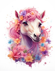Digital illustration of a horse, a composition on a background of beautiful pink-purple flowers with a drawing effect, background for postcards and posters
, prints for souvenir products