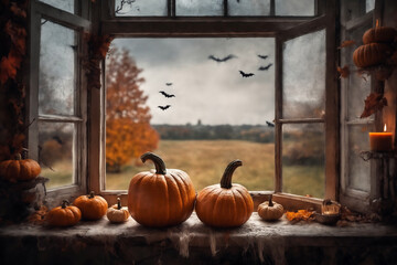 decoration for halloween holiday, still life, pumpkins on a windowsill, flying bats and beautiful autumn landscape outside the window, rural, festive background