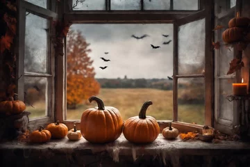 Zelfklevend Fotobehang Chocoladebruin decoration for halloween holiday, still life, pumpkins on a windowsill, flying bats and beautiful autumn landscape outside the window, rural, festive background