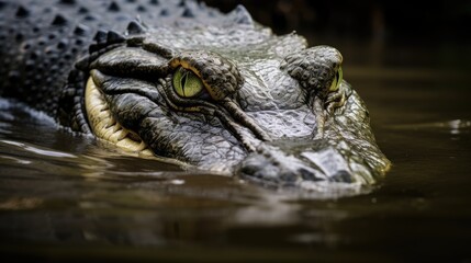 Obraz premium Close-up of a crocodile with green eyes swimming in the water