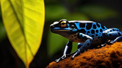 macro of a blue poison dart frog sitting in the tropical rainforest