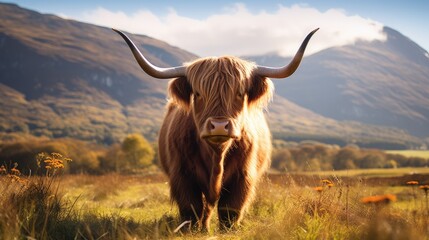 Brown scottish highland cow standing in a mountain landscape - obrazy, fototapety, plakaty