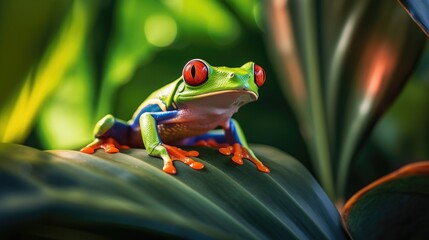 Macro of a red-eyed tree frog sitting on a green leaf in the jungle - Powered by Adobe