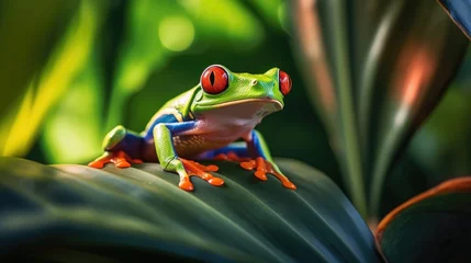 Zelfklevend Fotobehang Macro of a red-eyed tree frog sitting on a green leaf in the jungle © Flowal93