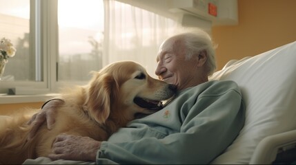 Happy golden retriever dog helping an old and sick man in the hospital and makes him smile