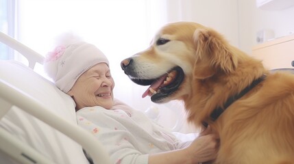 happy golden retriever visiting on old woman in the hospital and makes her smile