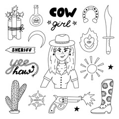 Big cowgirl set in doodle style with hand drawn outline. Vector illustration with western boots, hat, snake, cactus, bull skull, sheriff badge star. Cowboy theme with symbols of Texas and Wild West