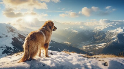 golden retriever dog standing on a snowy mountain with panorama view on a beautiful winter landscape