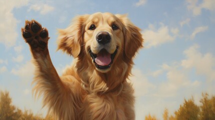 Illustration of a happy golden retriever dog raising its paw - obrazy, fototapety, plakaty