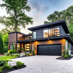 Modern minimalist cubic private house, villa with garage. Black walls decorated with timber wood cladding. Residential architecture exterior. - obrazy, fototapety, plakaty