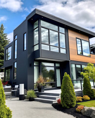 Exterior of modern minimalist cubic private house, villa. Black walls decorated with timber wood cladding. Gravel pathway and cute landscaping front yard.