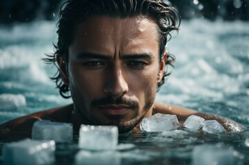 Portrait of a man taking ice bathing in the cold water among ice cubes, cold therapy, breathing techniques, yoga and meditation