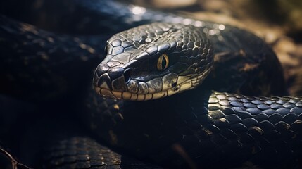 Fototapeta premium macro shot of a black python snake in the jungle