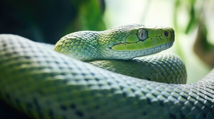 Fototapeta premium macro shot of a green snake in the jungle