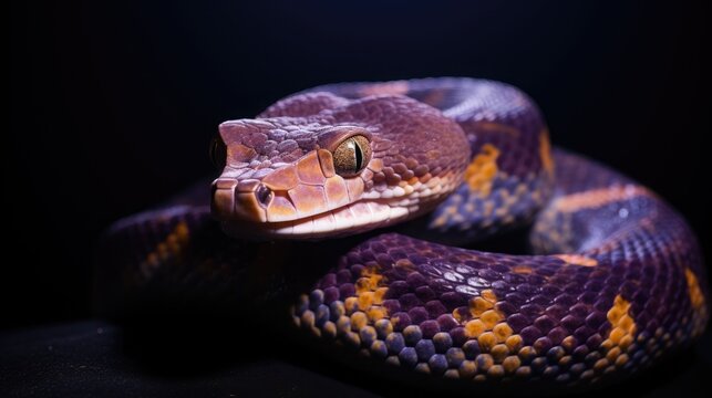 macro shot of a purple and golden python snake in the jungle