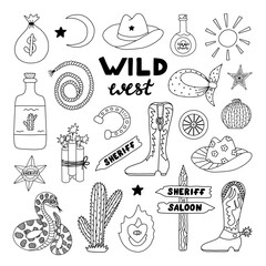 Big Wild West and cowboy set in doodle style with hand drawn outline. Vector illustration with western boots, hat, snake, cactus, bull skull, sheriff badge star. Cowboy theme with symbols of Texas
