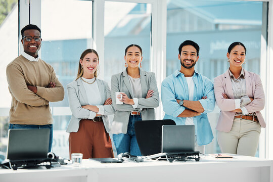 Smile, crossed arms and portrait of business people in the office in collaboration for team building. Happy, diversity and group of professional creative designers with confidence in modern workplace