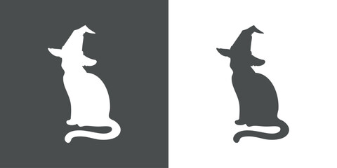 Logo con silueta de gato negro sentado con sombrero de bruja para su uso en invitaciones y tarjetas de Halloween © teracreonte