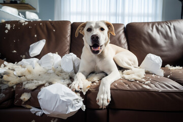 Obraz premium Bored puppy dog destroyed sofa cushion while was home alone. Generative Ai