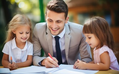 Teacher helping children with schoolwork at school