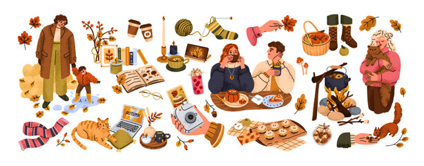 Cozy autumn set. Hygge fall mood. People warming with coffee, knitted socks, cute cat, home bakery, book and leaf. Pleasure moments, happy vibe. Flat vector illustrations isolated on white background