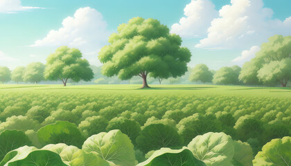 anime green lettuce farm with summer style - obrazy, fototapety, plakaty