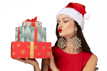 PNG, girl in santa hat with presents, isolated on white background.