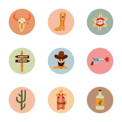 Fototapeta premium Trendy and cozy round highlights for different social media, blogs, business, branding with Wild West illustrations. Cover icons for stories with cowboy western vector clipart in warm colors.