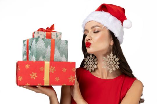 PNG, girl in santa hat with presents, isolated on white background.