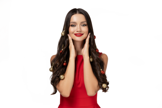 PNG, girl with decorated hair on New Year's theme, isolated on white background.