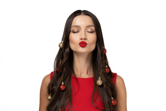 PNG, girl with decorated hair on New Year's theme, isolated on white background.