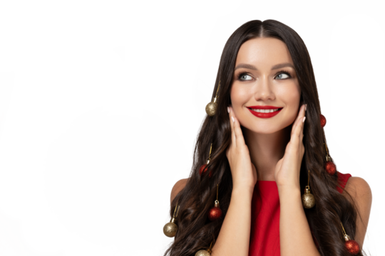 PNG, girl with decorated hair on New Year's theme, isolated on white background.